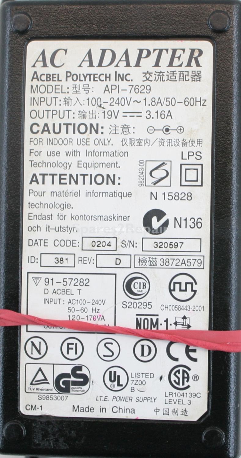 ACBEL Polytech - Charger - API-7629 - 91-57282 - 19V 3.16A (Original)