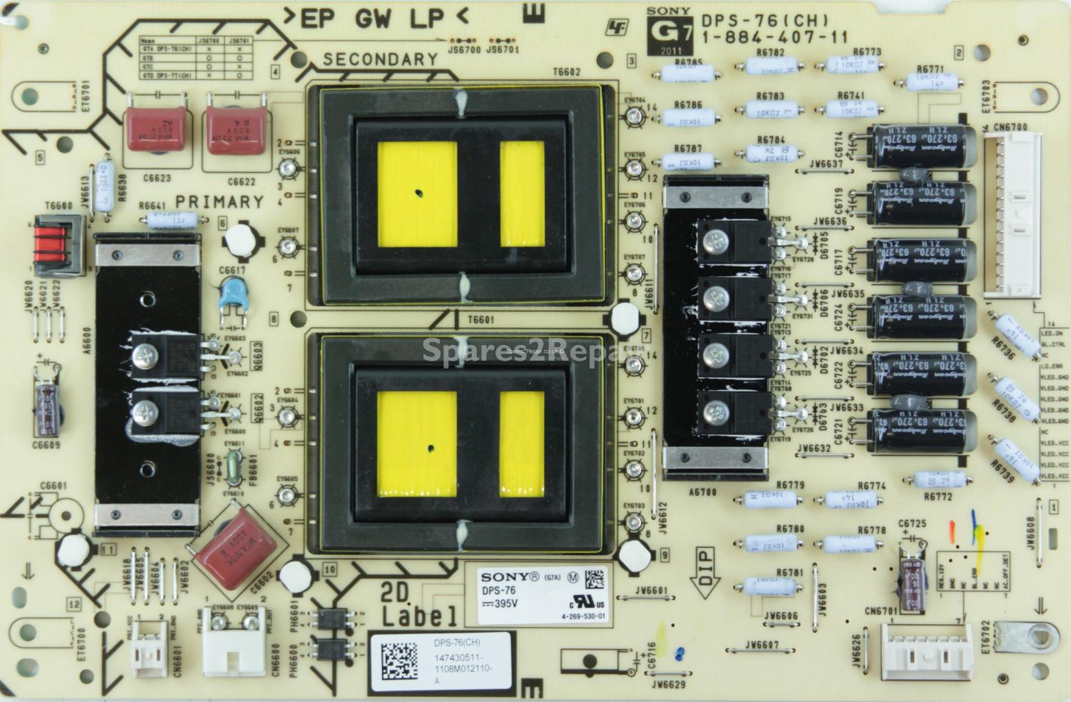 Sony KDL-55HX823 - Sub Power Supply - 1-884-407-11 - 4-269-530-01 - 147430511 - DPS-76(CH) - G7